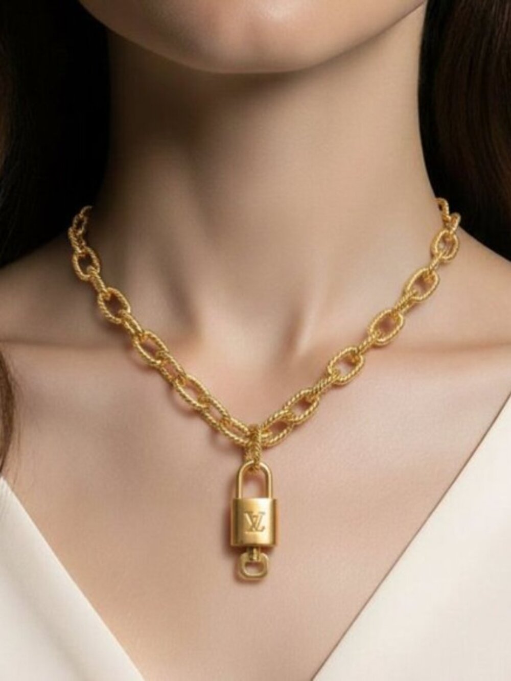 Authentic Louis Vuitton Lock & Key with Gold Plated Gold Chain Necklace 013126